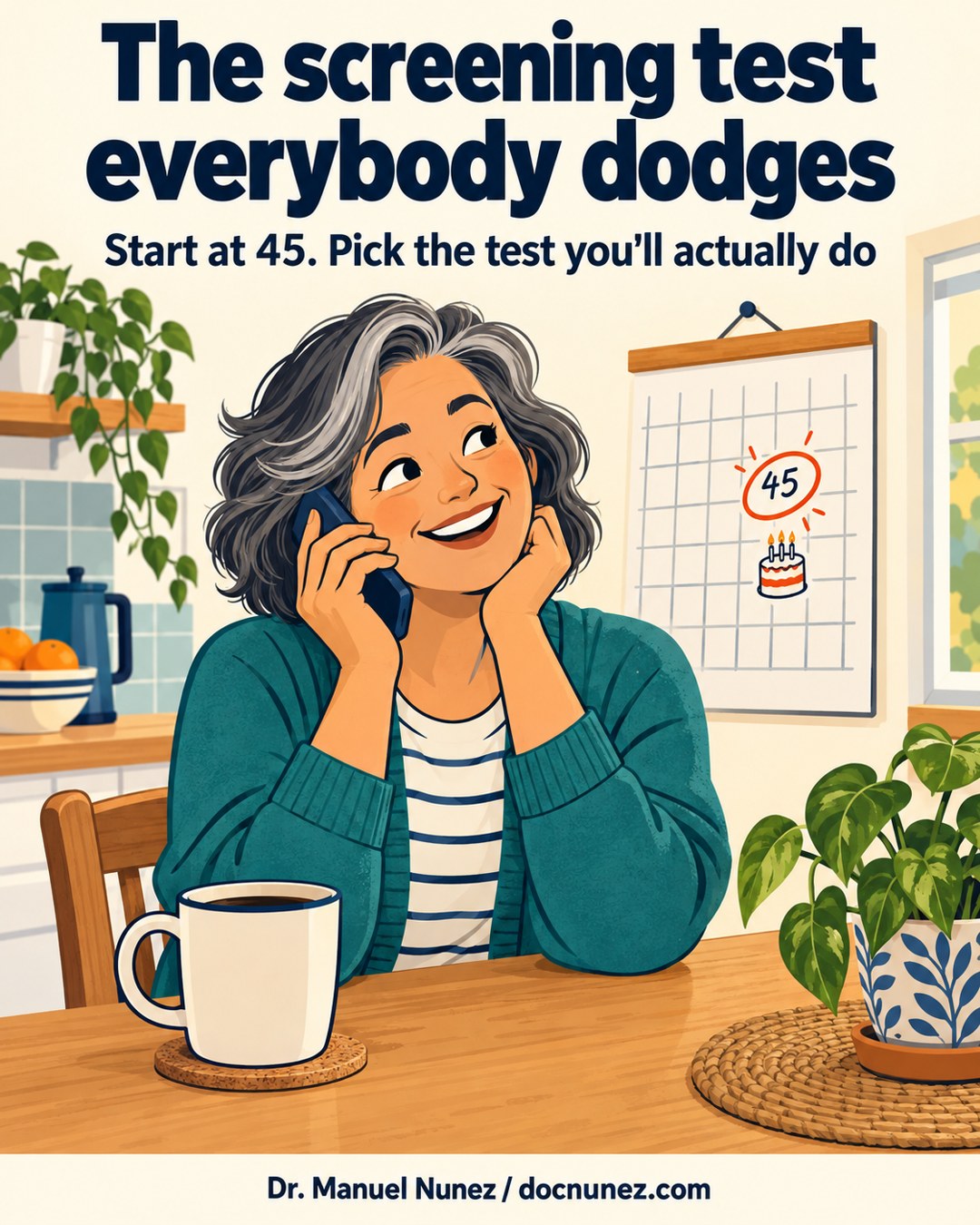 Illustration of a smiling adult on the phone at a kitchen table with coffee, beside a wall calendar with the number 45 and a birthday cake circled: the screening test everybody dodges