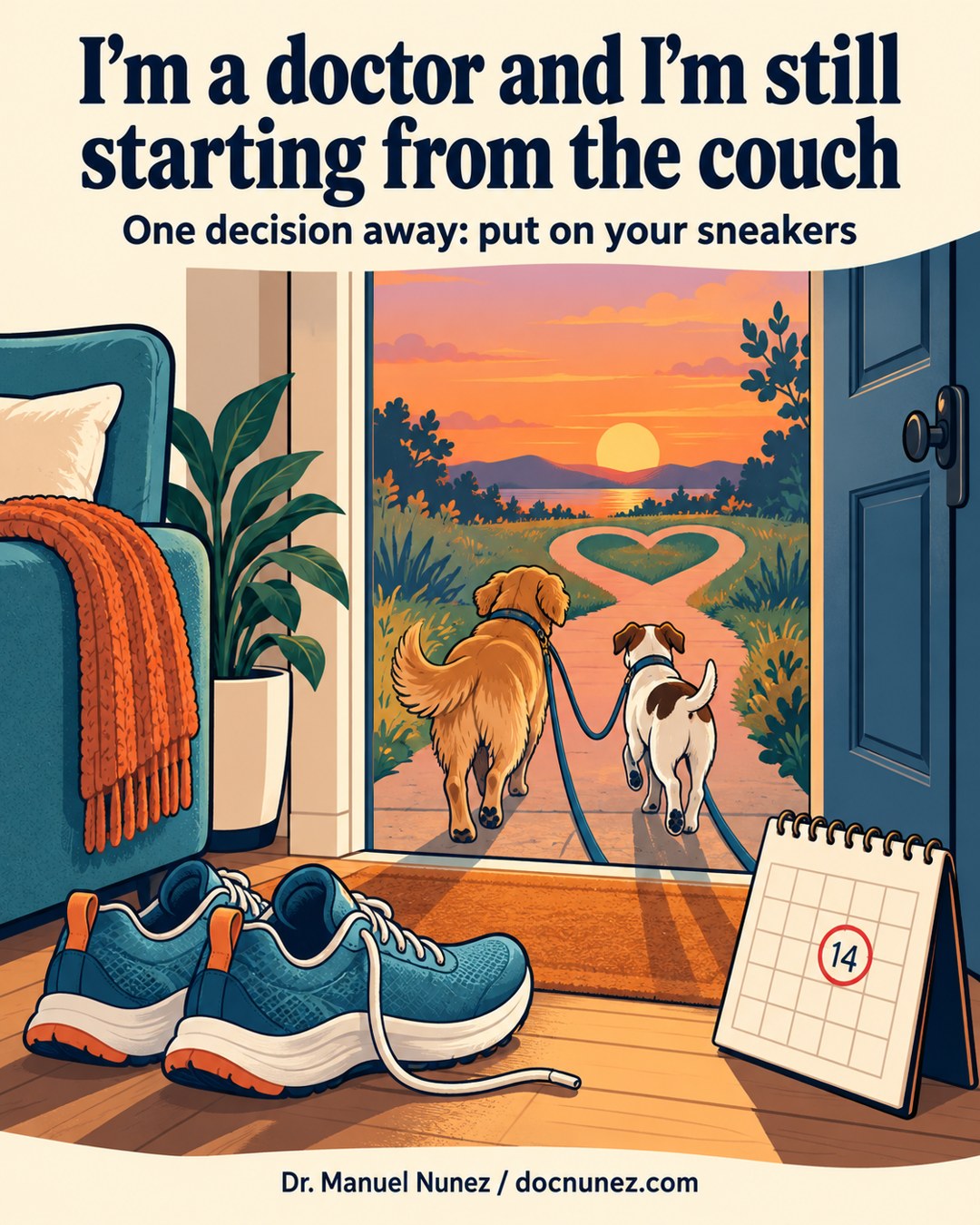 Illustration of running sneakers by a front door at sunset, two dogs on leashes heading down a heart-shaped path, and a calendar with the 14 circled
