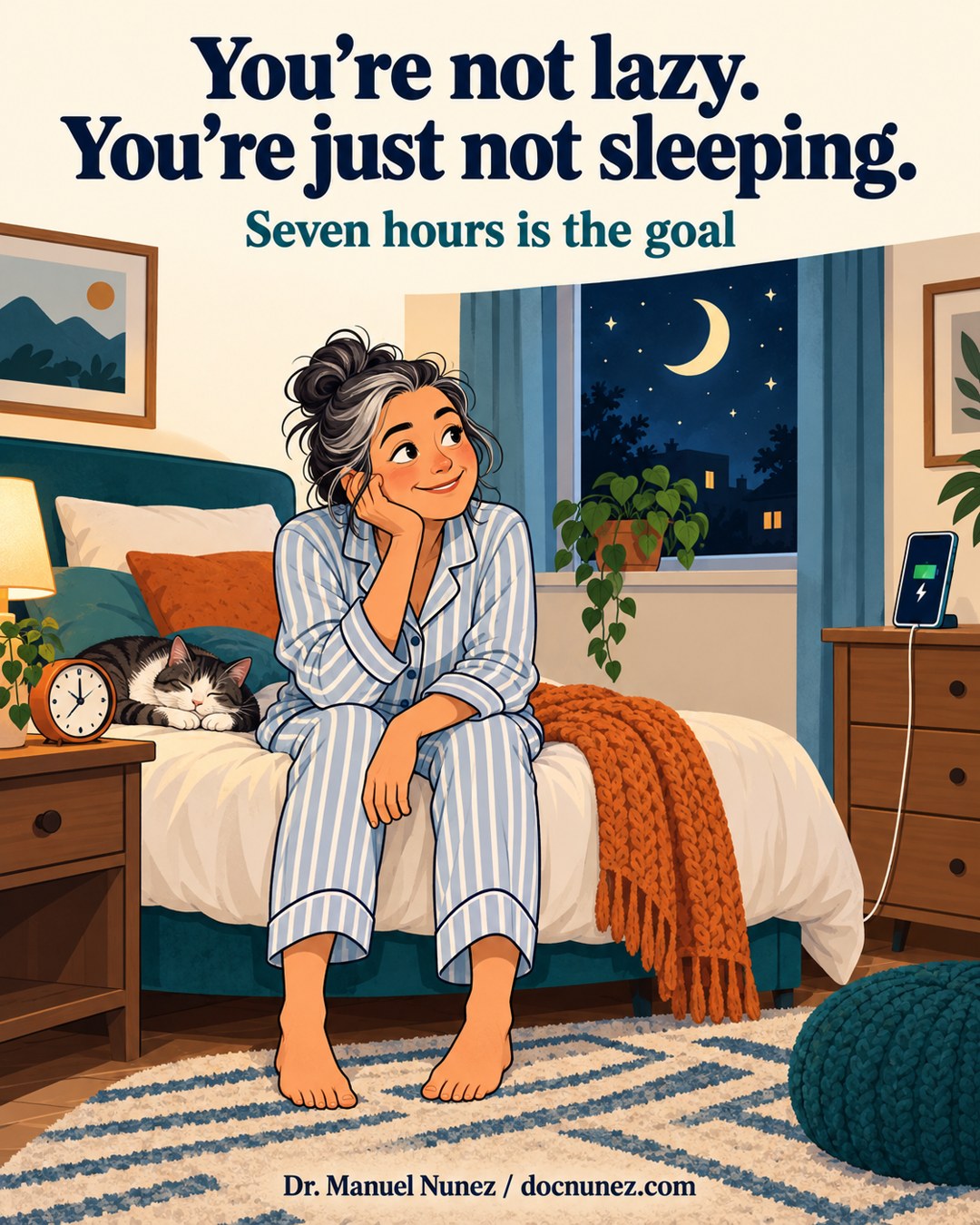 Illustration of a tired but smiling adult in pajamas on the edge of a bed, phone charging across the room, moon in the window
