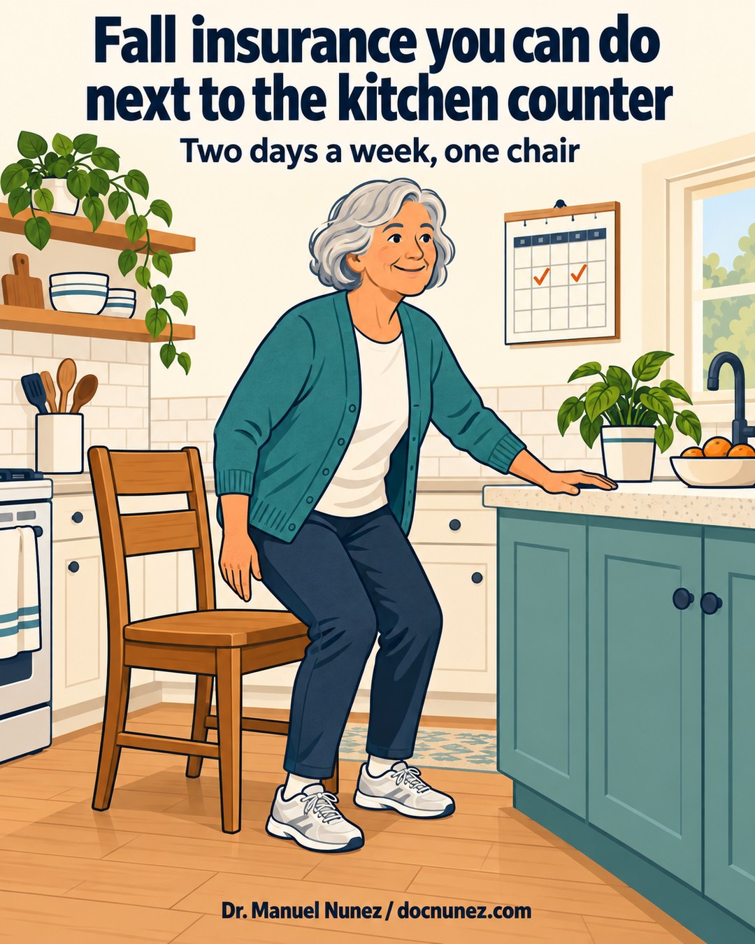 Illustration of an older adult doing a chair stand in a kitchen with one hand on the counter: fall insurance you can do next to the kitchen counter