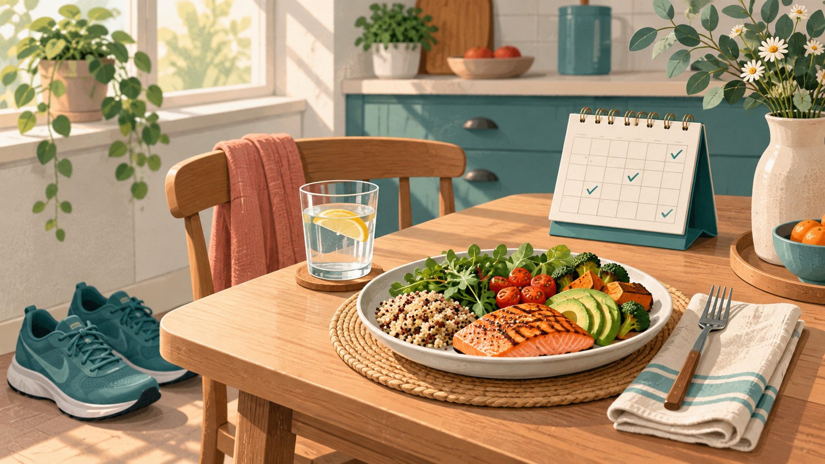 Illustration of walking shoes, an everyday meal, water, and a check-in calendar