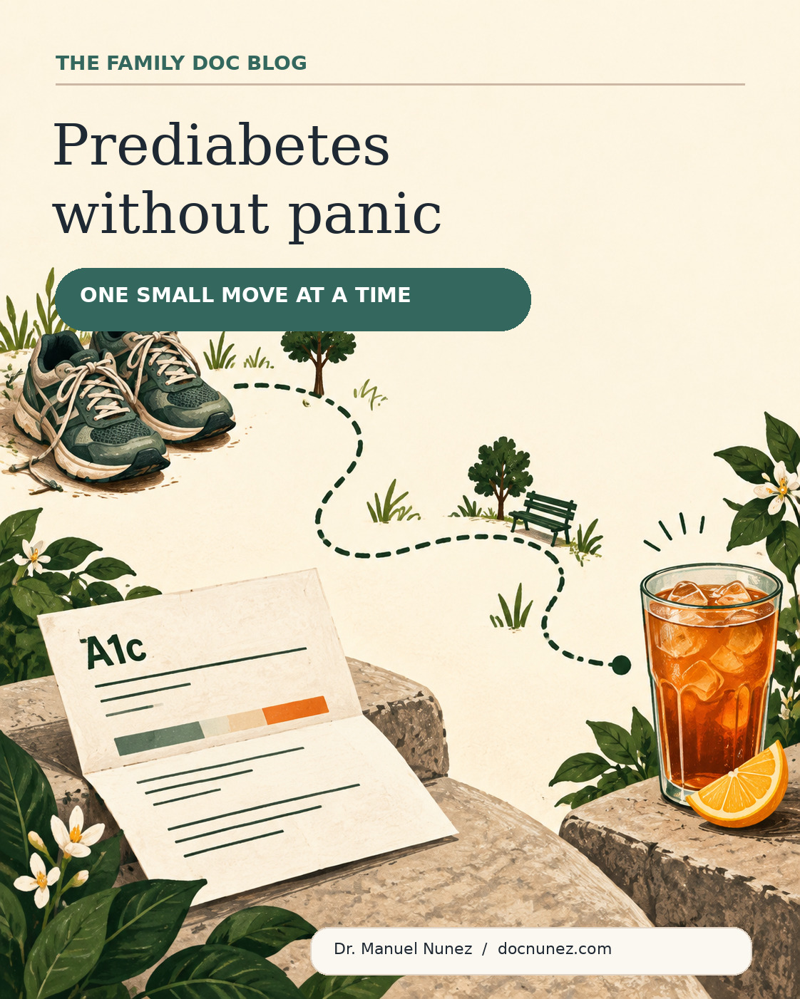 Prediabetes without panic: an illustrated walking path, A1c result, and sweet tea, one small move at a time